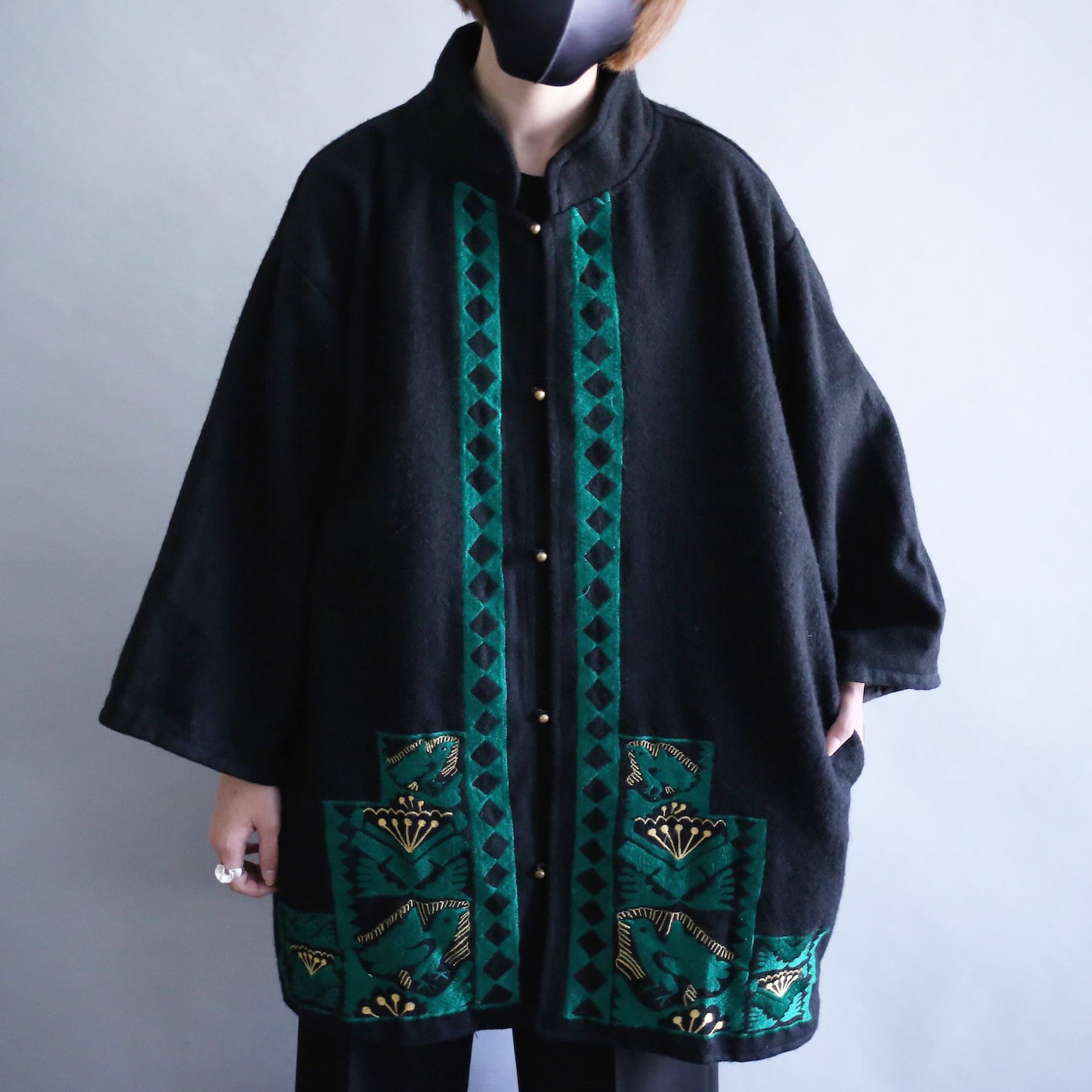 "刺繍" beautiful green design haori silhouette wool jacket
