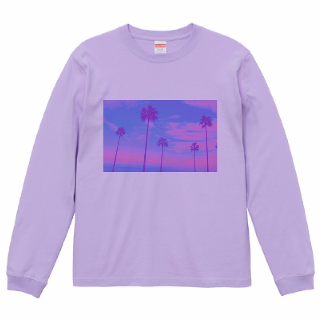 Tシャツ メンズ レディース 長袖 ビーチ 海 紫 ラベンダー sea ヤシの木 ロングTシャツ