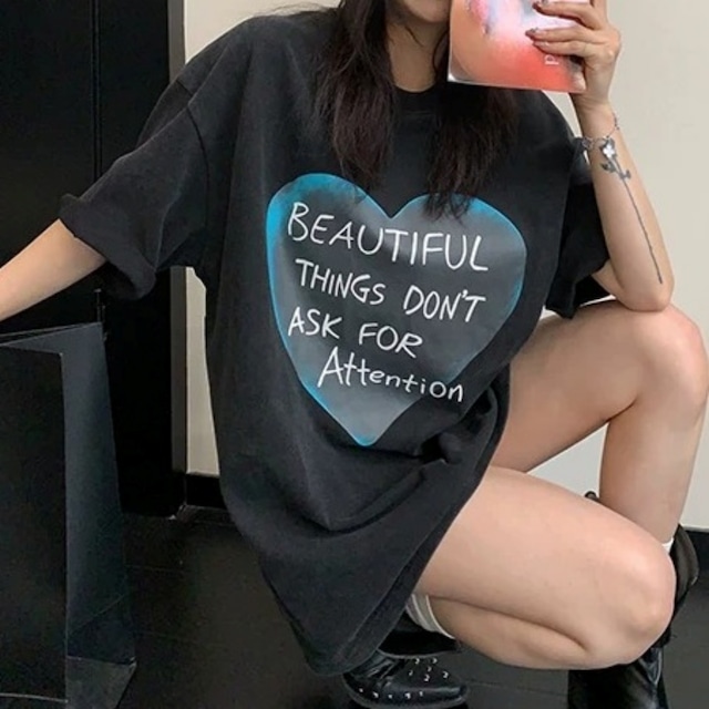 ビッグハートレタープリントルーズラインTシャツ 2col R02445