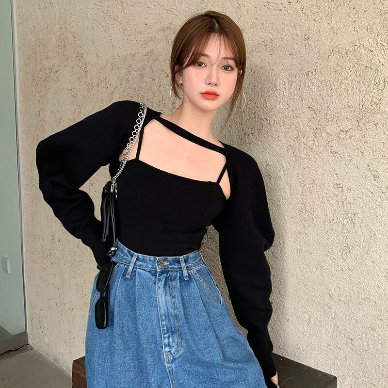 ブラックホルターネックニットカーディガンスモールショールレディース秋新作ルーズセーターベストジャケットウルトラショートトップ ブラックストロベリース23025597616