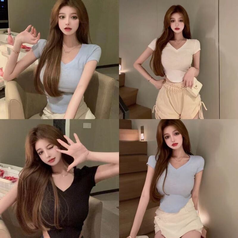 Tシャツ スリムショートVネックブルートップス サマー 夏物 ブラックストロベリース85914990391