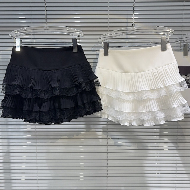 Pleats lace tiered mini skirt　M2942
