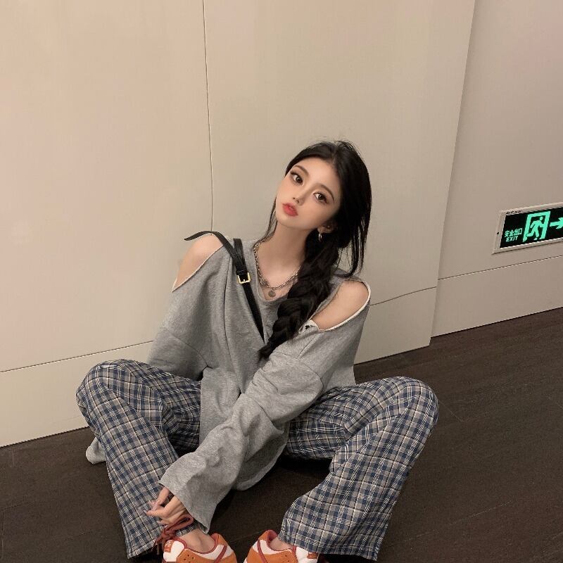 レッドスタイルセーター 格子柄ワイドレッグパンツ オータムカジュアルレディース 秋物 ワイドパンツ ドラファッションホール7263005885