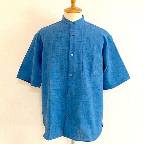 Tech Canvas Wide Band Collar S/S Shirts　Blue