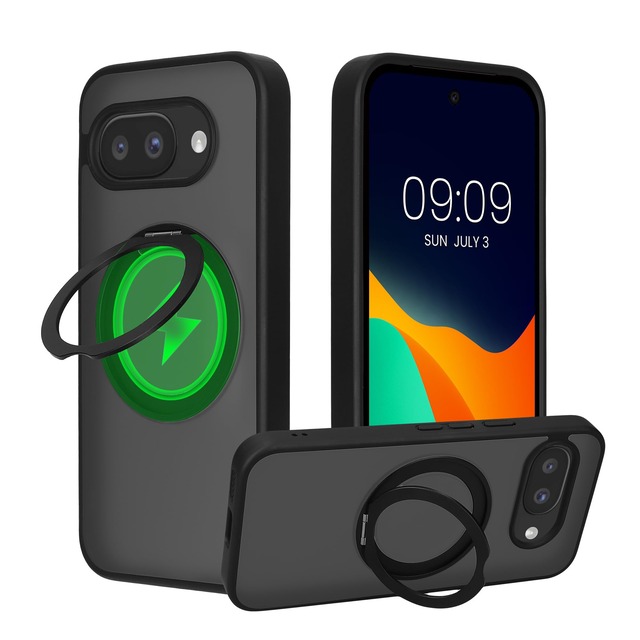 商品タイトル(最適化済み)kalibri スタンドリング付きスマホケース - Google Pixel 10a 対応 360°回転式キックスタンド ハードケース MagSafe対応 - 黒色/半透明
