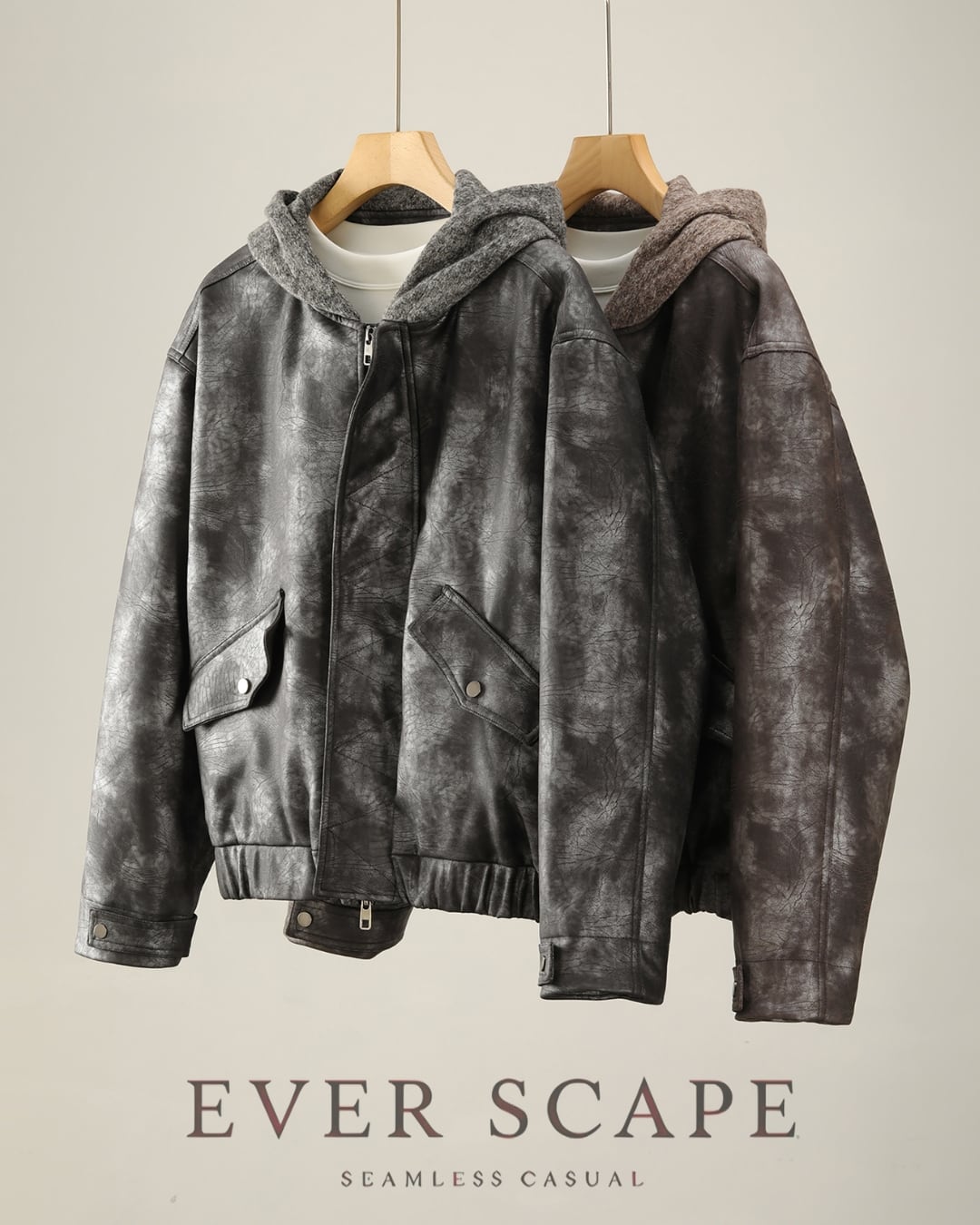 フード付き レトロPUレザージャケット 2色 A0125