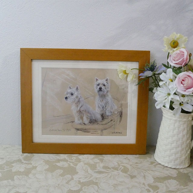 ヴィンテージ　犬のスケッチ絵 ウエスティー　木製額入り