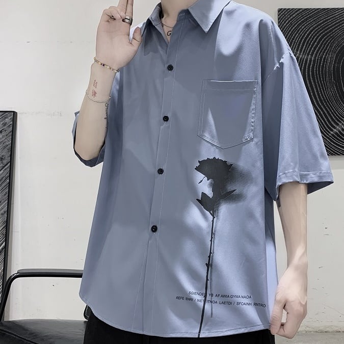 即納】半袖 シャツ ローズプリント M | Korean unisex fashion