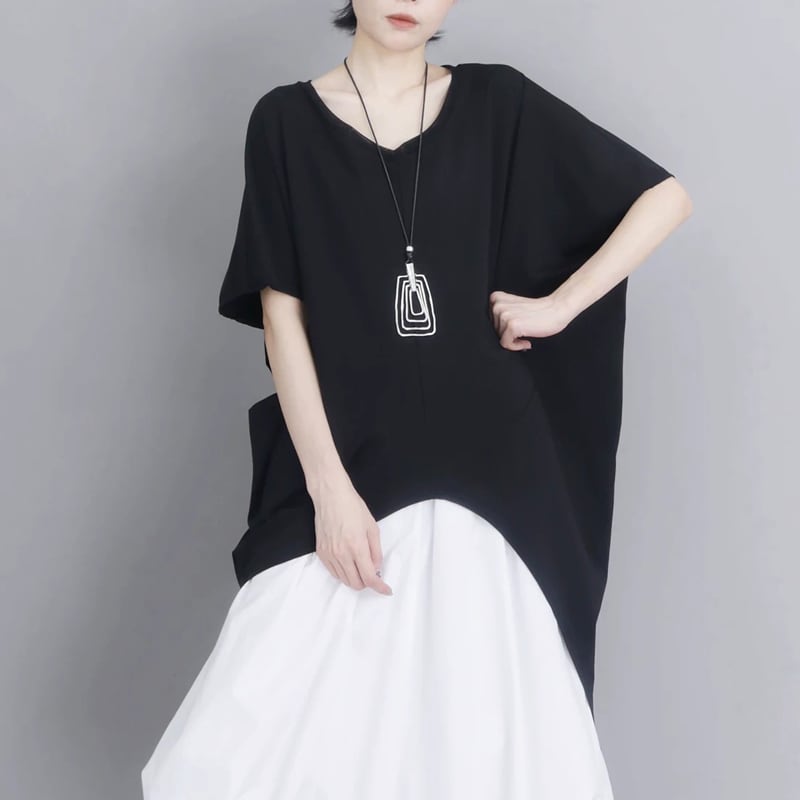 夏の主役T】Vネック 半袖 アシンメトリー裾 ゆったり カットソー