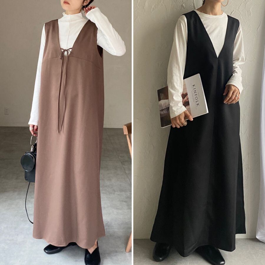 即納 低身長向け 高身長向けサイズ有 前後2way深vネックリボンロングワンピース Shes 2way Op She S Closet