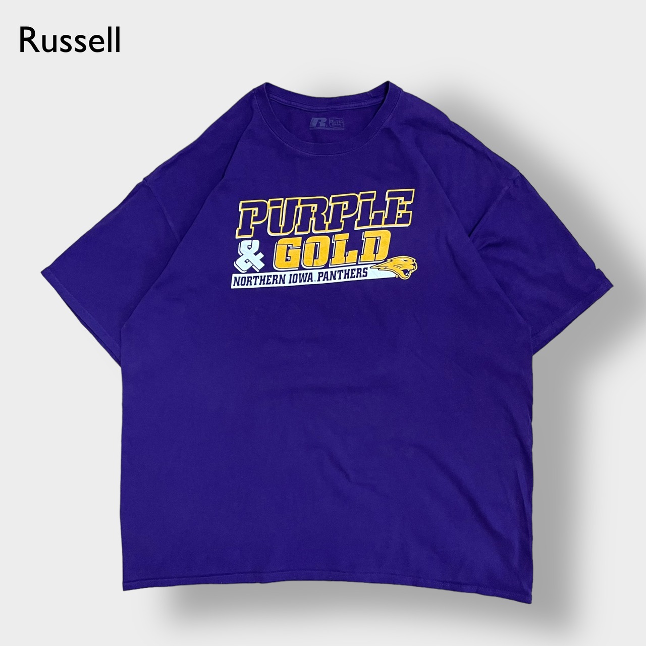 【Russell】カレッジ 北アイオワ大学 NORTHEIN IOWA PANTHERS ロゴ プリント Tシャツ 2XL ビッグシルエット パープル ラッセル 半袖 夏物 us古着