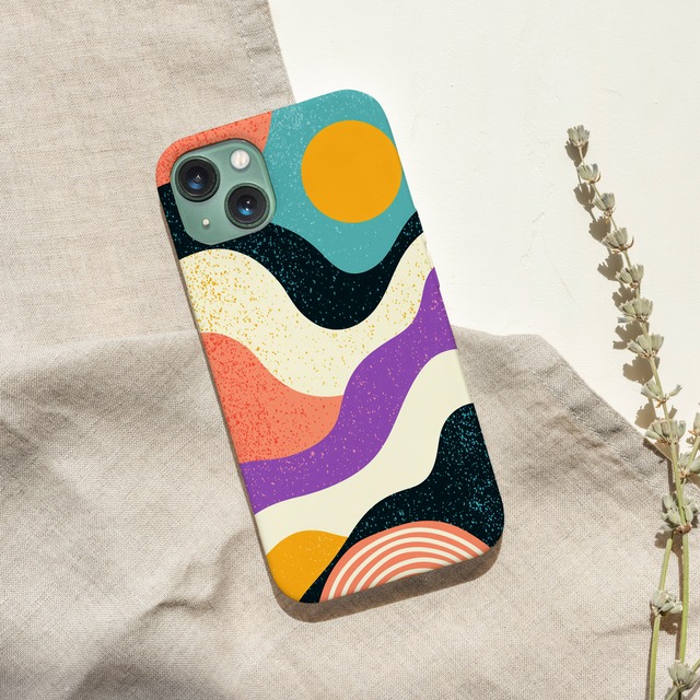 受注生産 iPhoneケース 黄色い太陽のカラフルウェーブ｜70sレトロ CURV037A