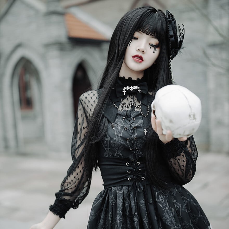 JSK 闇かわいい レースアップ 烏プリント柄 暗黒 ダーク ゴシック