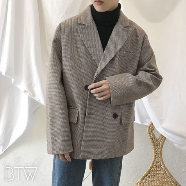 韓国メンズファッション メンズ 千鳥格子 テーラー衿ジャケット ダブルブレスト オーバーサイズ カジュアル Bw1709 韓国メンズ服 流行プチプラ韓国メンズファッション新作通販 Buy The World