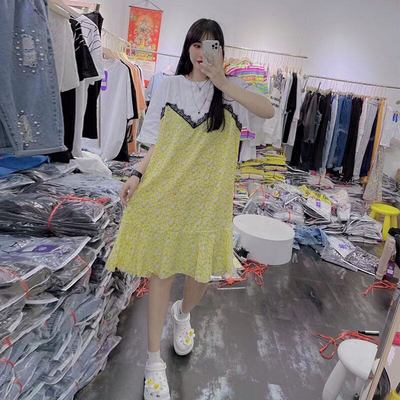 ラウンドネックフローラルレースドレス 薄手 大きめサイズ 花柄 Oネック ステッチ ミックスインファッション6397346909