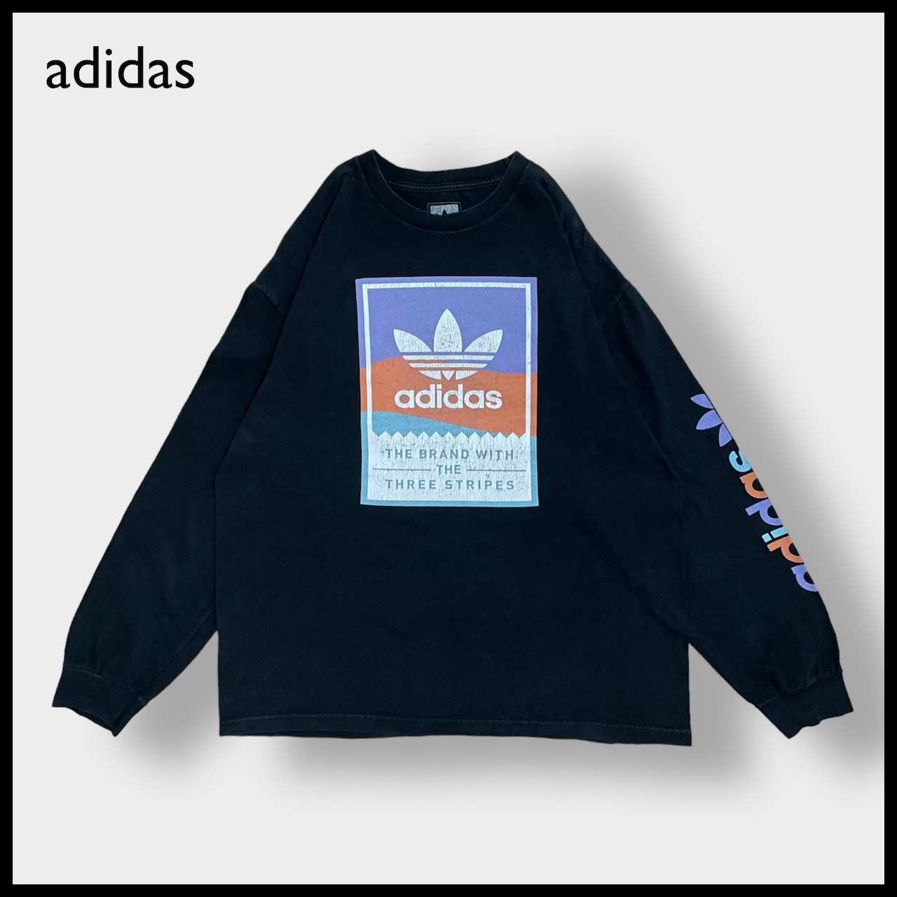 【adidas】トレフォイル ロゴ プリント ロンT ロングTシャツ 長袖Tシャツ 袖プリント X-LARGE ビッグサイズ 黒 アディダス メキシコ製 US古着