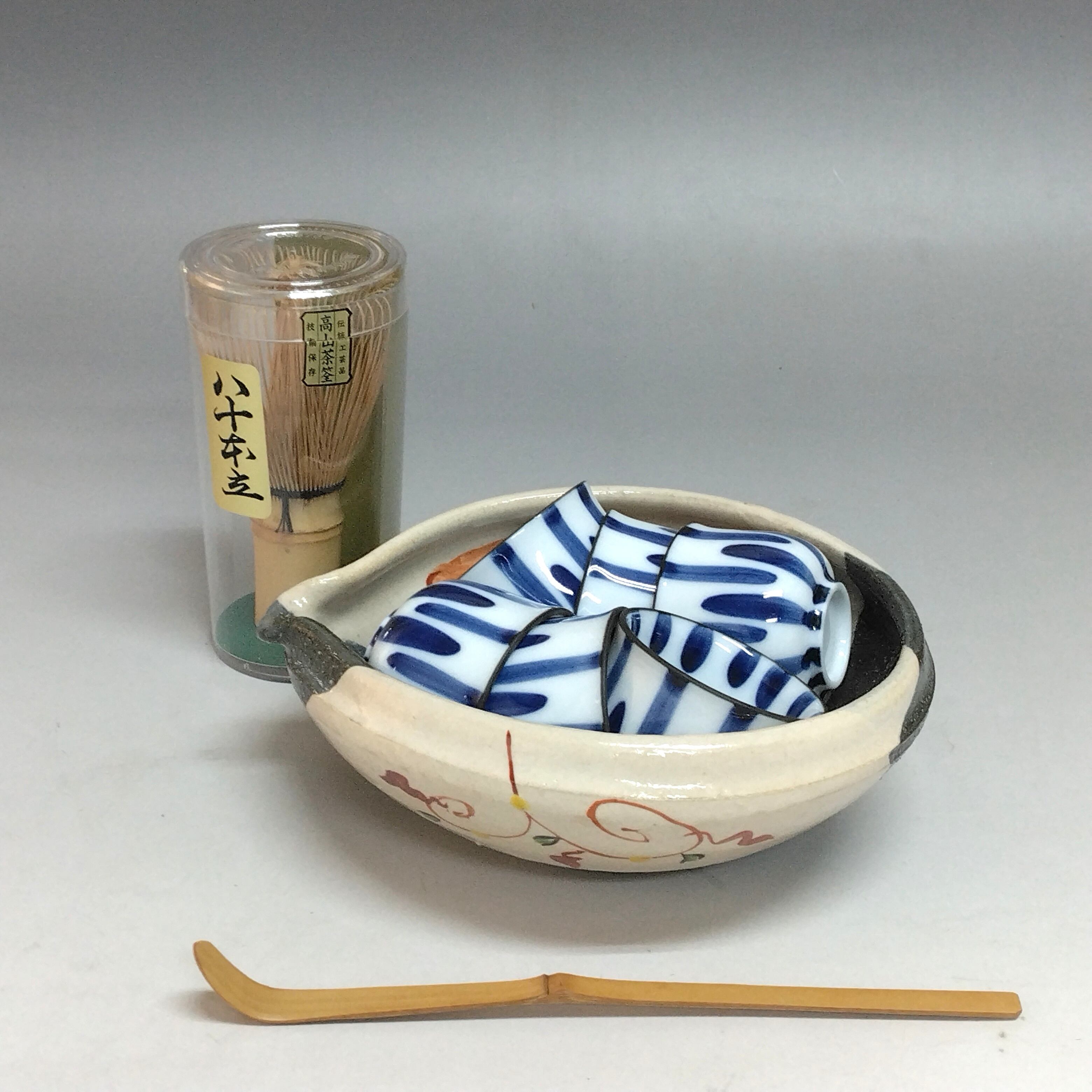 モダン抹茶 茶道具 有田焼 呉須赤絵写 片口茶碗, 茶杓, 木賊染付小碗 6