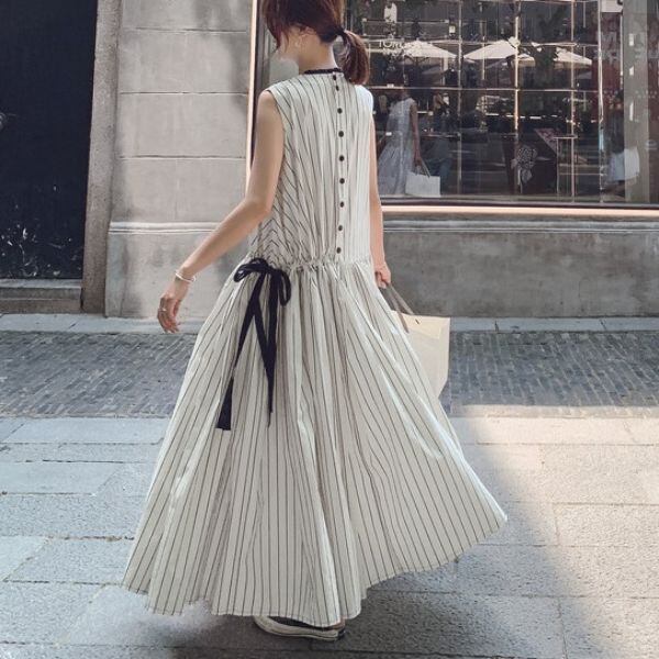 ワンピース マキシ丈 ノースリーブ ストライプ リボン nin220901