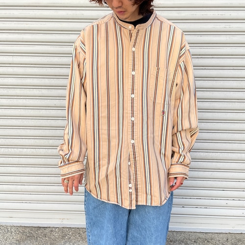 『送料無料』90s Tommyhilfiger ノーカラーマルチストライプシャツ　XL