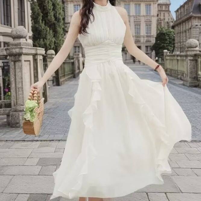 ロングワンピース レディース シフォン フリル ハイネック