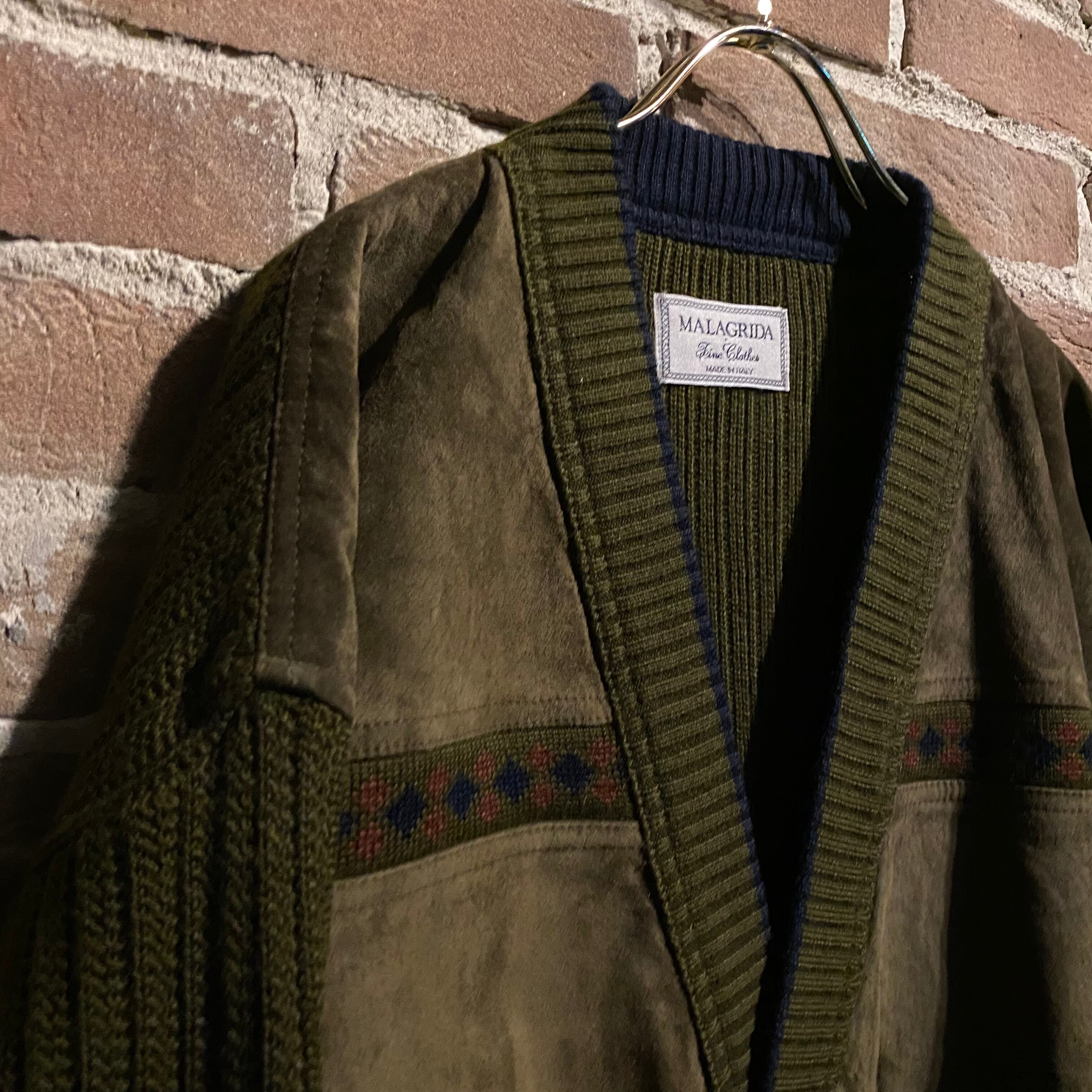Caka act3】Suede Leather Switching Design Euro Vintage Loose Knit 