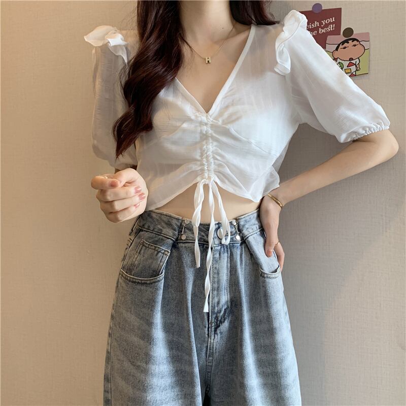 ショートTシャツ サマープリーツVネックソリッド カラーハイウェストウェストトップス 夏物 ソリッドカラー クレセントシティ79678517546