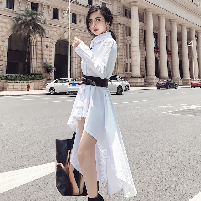 ワンピース シャツワンピース ベルト付き 長袖 オーバーサイズ風 無地 フィッシュテール アシンメトリー ボタンダウン 着やせ 通勤 春 夏 秋 ホワイト ライトブルー S M 10代 代 30代 Country Road