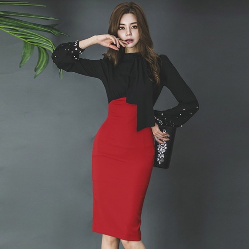 ワンピース ドッキングワンピース ひざ丈 ボトルネック 長袖 バルーンスリーブ バイカラー レッド ブラック タイトスカート スリム スリット 大人 エレガント フォーマル お呼ばれ 秋冬 レディース　BADA0184