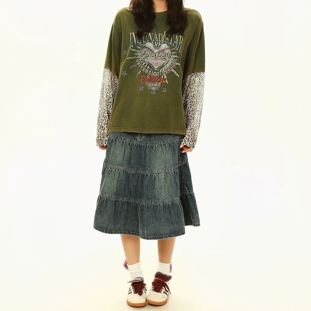 ハートモチーフレオパードレイヤードライクTシャツ 2col R02583