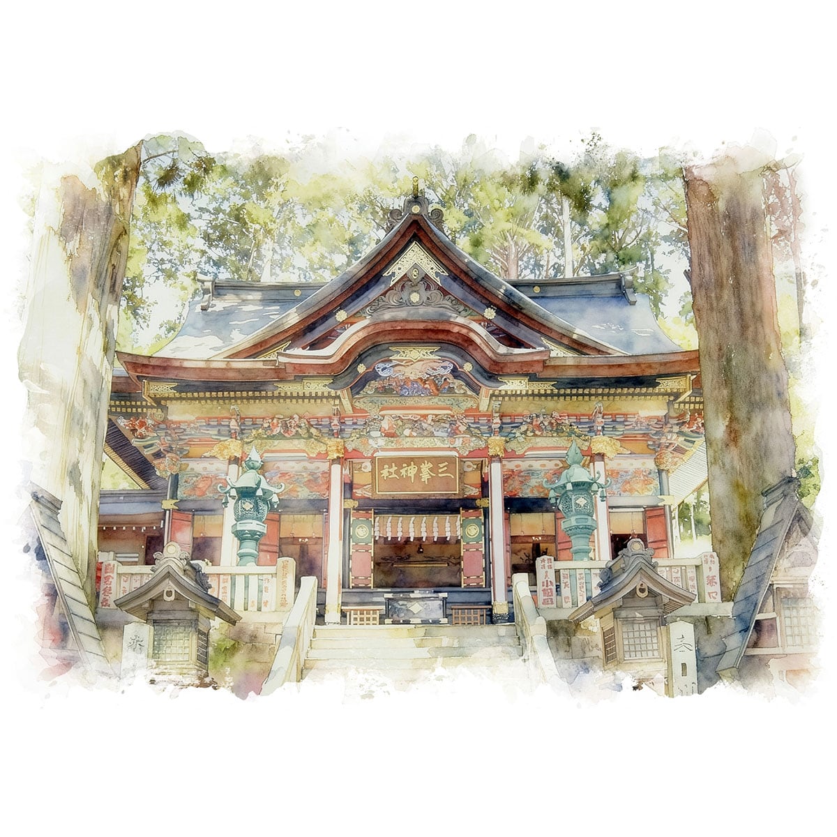 絵画 日本 埼玉県 三峯神社 風景画 インテリアアート額付き 水彩画・油絵風 WAT0153