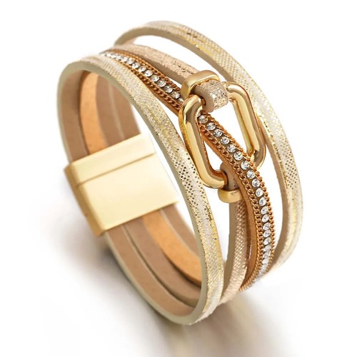 チャーム ブレスレット  ラインストーン スクエア チェーン クロス レザー レトロ レディース 四角 バックル