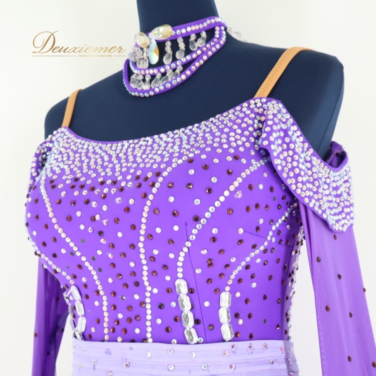 社交ダンス 衣装 スタンダード ドレス スタンダードドレス ワンピース 紫 フロート レース フリル パープル系 デモ 競技 ダンス パーティ 発表会 リボン 高級感 豪華 スカート 可愛い デザイン おしゃれ アクセサリー レディース 競技会