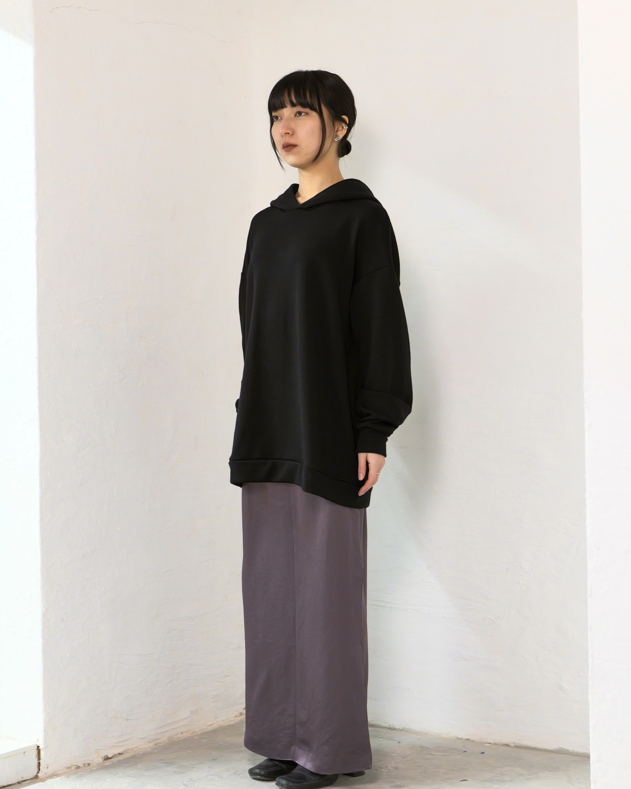 kujaku - wool jersey hoodie K400 ：Black｜ウール裏毛／ドロップショルダー／立体フード（ドローコードなし）