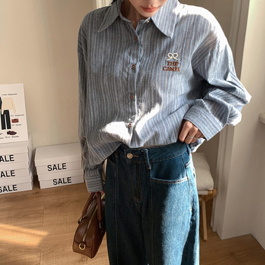 ribbon blue stripe lapel shirt