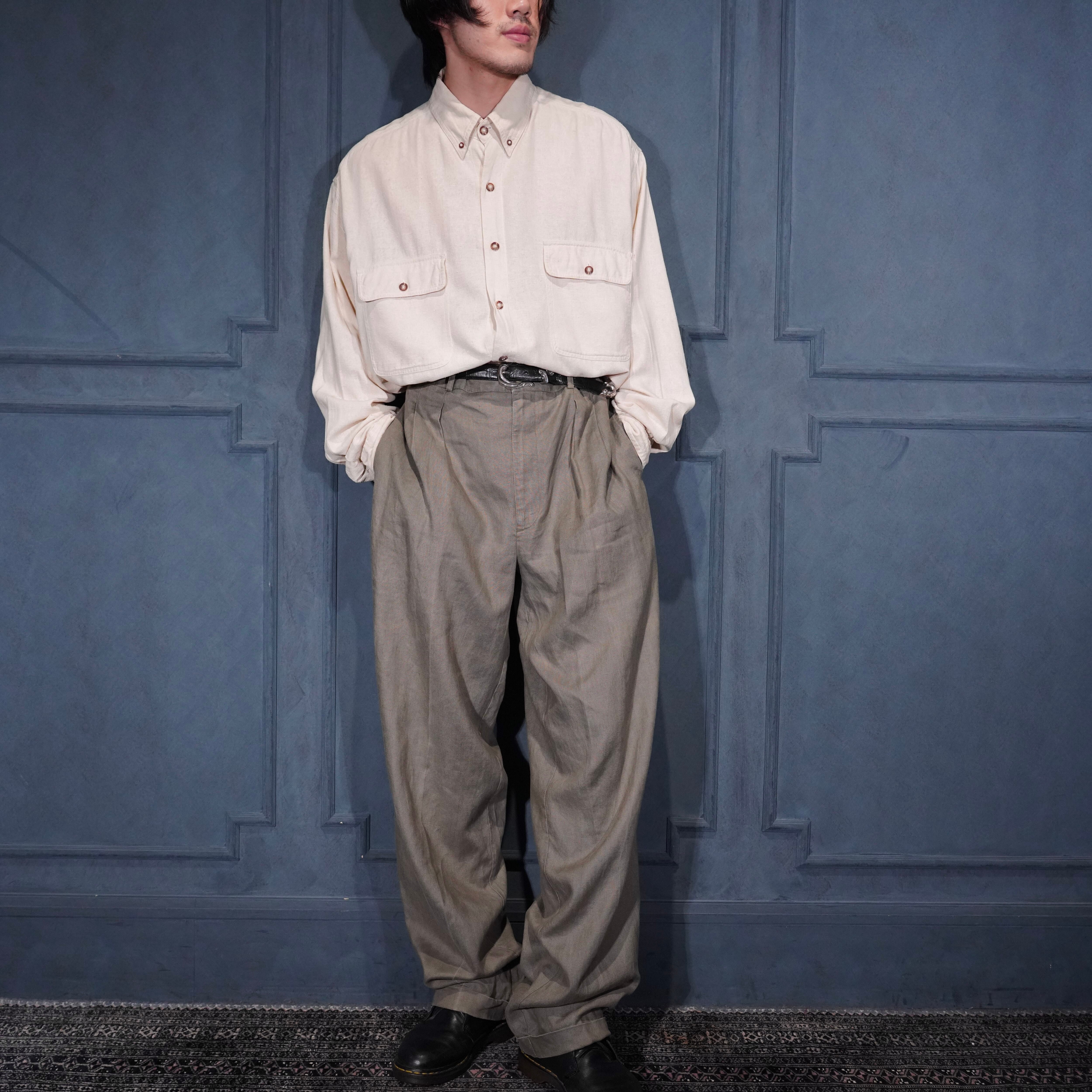 USA VINTAGE STRUCTURE TUCK DESIGN WIDE LINEN SLACKS PANTS/アメリカ