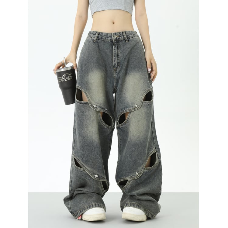 カットアウト ワイドレッグ フルレングス デニムパンツ L00037