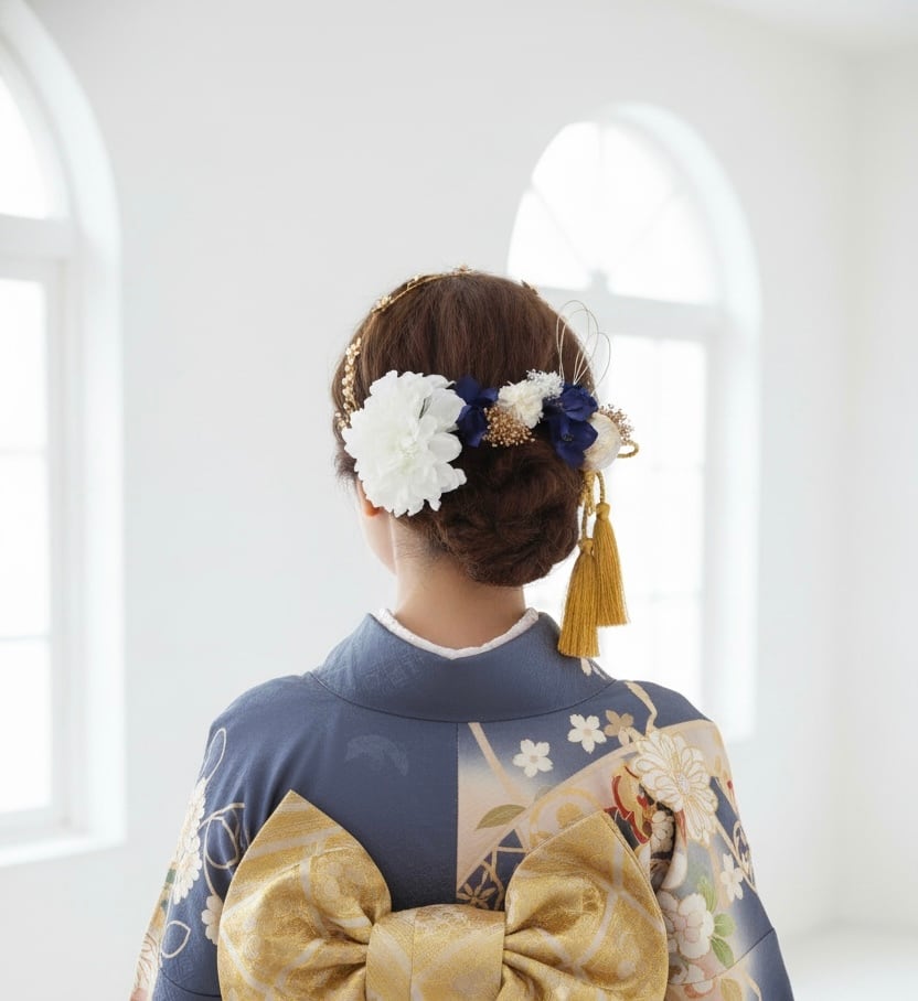 真鍮フラワーカチュー付き髪飾り|成人式 卒業式に映えるブルー系×水色振袖アレンジに