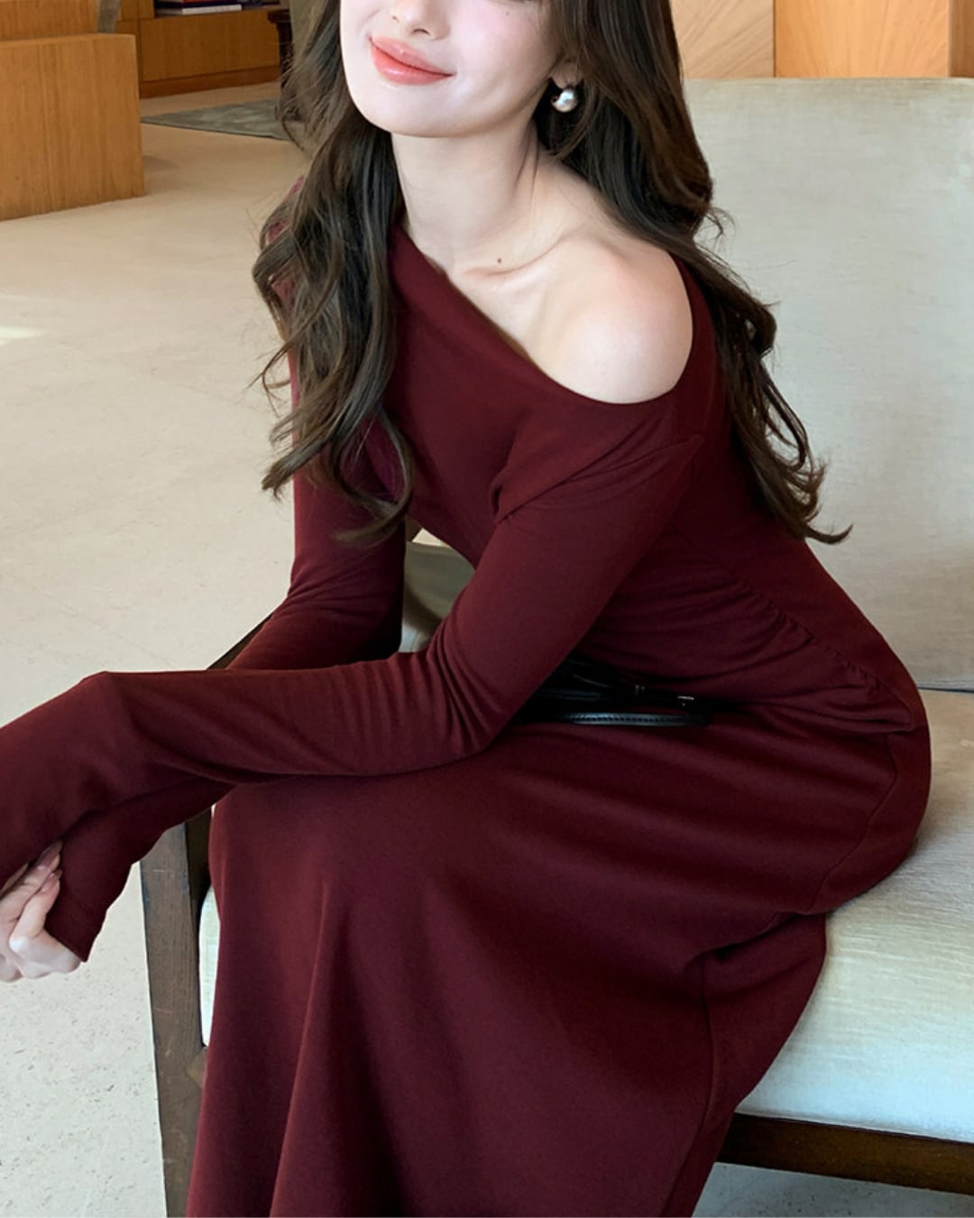 ボートネックAラインロングワンピース A25552