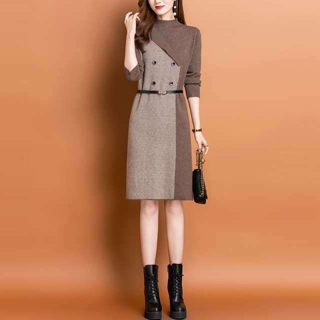 【ワンピース】ニット ワンピース ミディ バイカラー きれいめ おしゃれ 秋冬 可愛い オフィス 春 秋 冬 20代 30代 40代 50代 大人 可愛い  カジュアル ブラック 黒 ベージュ ブラウン 茶色 S M L XL