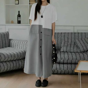 CONTRAST CREW NECK SHORT SLEEVE MIDI DRESS M-16794