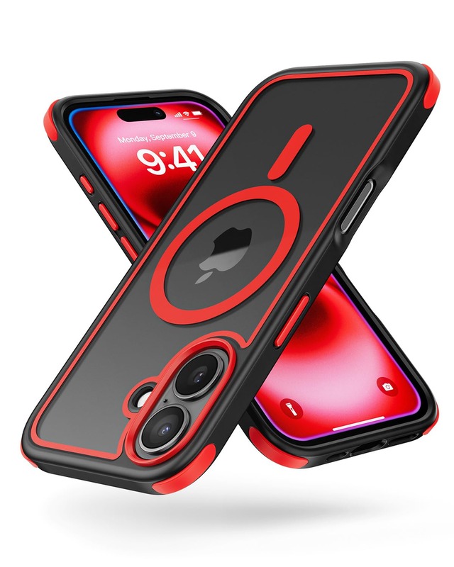 MobNano iPhone 16 ケース MagSafe対応 【カメラボタン対応・米軍MIL規格】 耐衝撃 クリア 透明 PC 背面 + TPU バンパー 衝撃吸収 コーナーガード 撞色デザイン 頑丈 黄変防止 マグセーフ ワイヤレス充電 ストラップホール付き アイフォン16 カバー(6.1インチ,ブラック/レッド)
