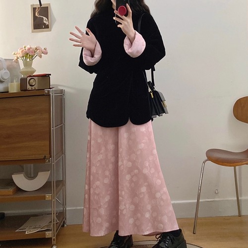 【2点セット】配色チャイナデザインベロアジャケット＋サテンタッチフレアスカート ・73127