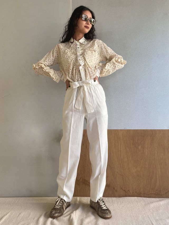 High waist ribbon trousers "white" khadi cotton