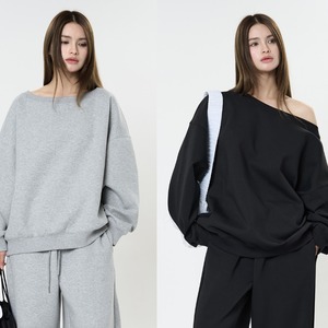 レディース トップス プルオーバー トレーナー スウェット 部屋着 長袖 ラウンドネック ワンショルダー 襟なし オーバーサイズ  ストリート 中厚手 コットン かわいい シンプル カジュアル おしゃれ かっこいい こなれ感 ラフ メンズライク ボーイッシュ スポーティー ルーズ 抜け感 無地 春 秋 冬 ペア 男女兼用 ユニセックス マタニティ 通勤 学生 学校 通学 部活 お出かけ 公園 休日 ショッピング 韓国 楽ちん 体型カバー S M 大きいサイズ ゆったり ゆる 黒 ブラック ライトグレー