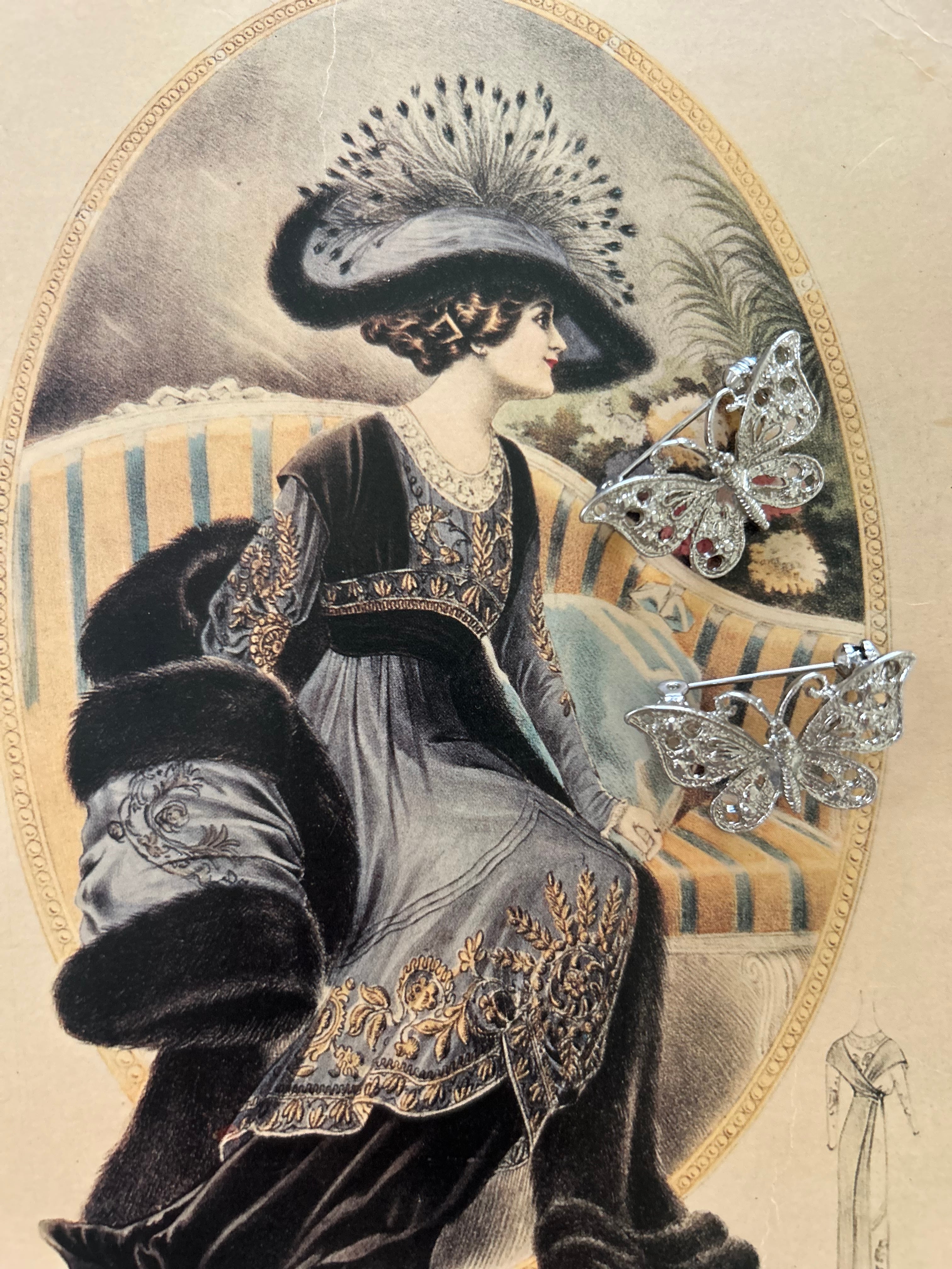 輸入デザインブローチ パピヨン 蝶々 シルバー 20mm×34mm アクセサリー ハンドメイドパーツ デコレーション材