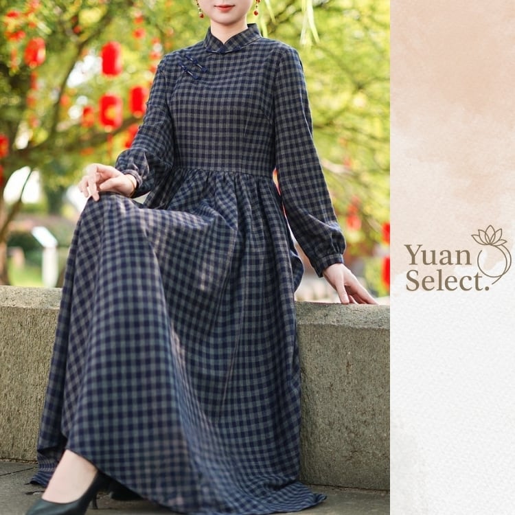チェック柄　ミモレ丈チャイナワンピース　YS00075