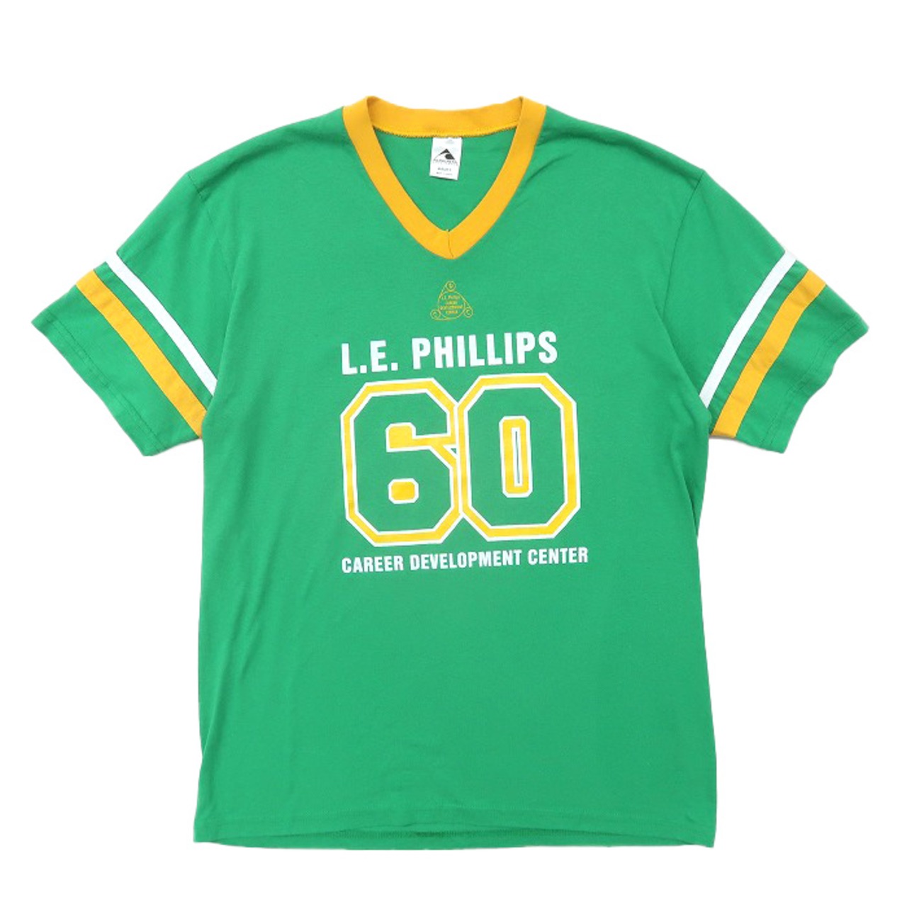 古着 リンガープリントTシャツ Vネック グリーンベース サイズ表記：L 