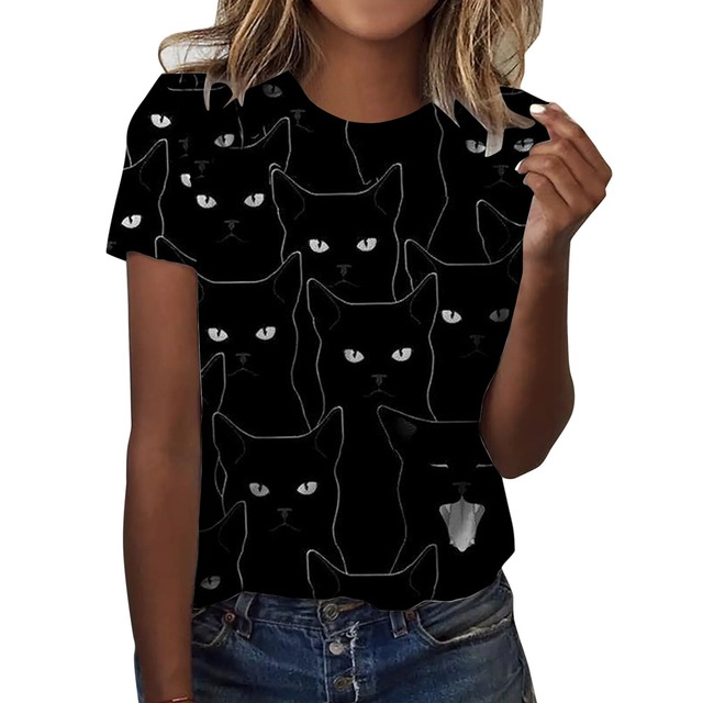 【送料無料】猫 ねこ 半袖 Tシャツ 黒猫 ユニセックス 春夏 トップス 総柄 プリント 韓国 レディース 猫ファッション 猫グッズ