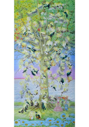 タペストリー「生命樹と妖精猫たち」「900mm×1800mm　屋外用不織布にソルベルトインキ印刷　