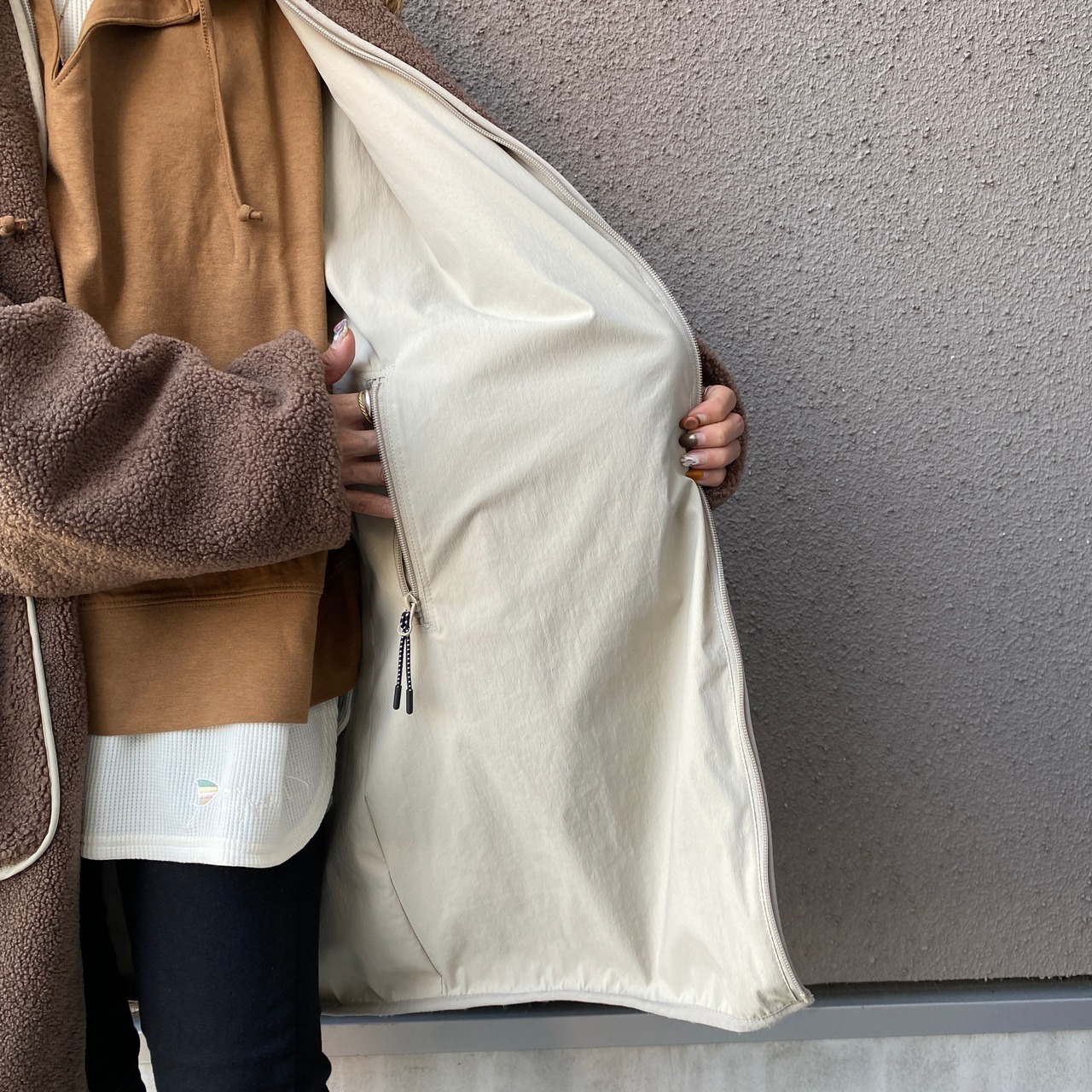 2way多機能ソフトリバーシブルボアouterlongホワイト×ブラウン